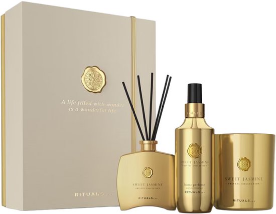 Gouden geschenkset met diffuser, parfum spray en geurkaars. "SWEET JASMINE".