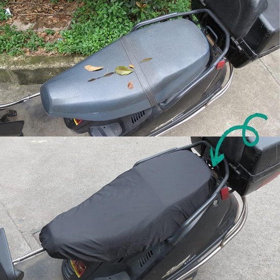 Bovenste foto: scooterzadel met bladeren. Onderste foto: hetzelfde zadel met grijze beschermhoes.