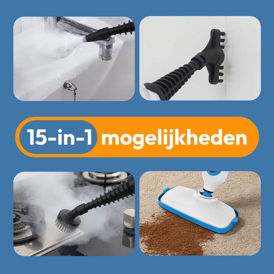 Montage van 4 afbeeldingen: stoomreiniger in badkamer, op muur, op kookplaat en op tapijt. 15-in-1 mogelijkheden.