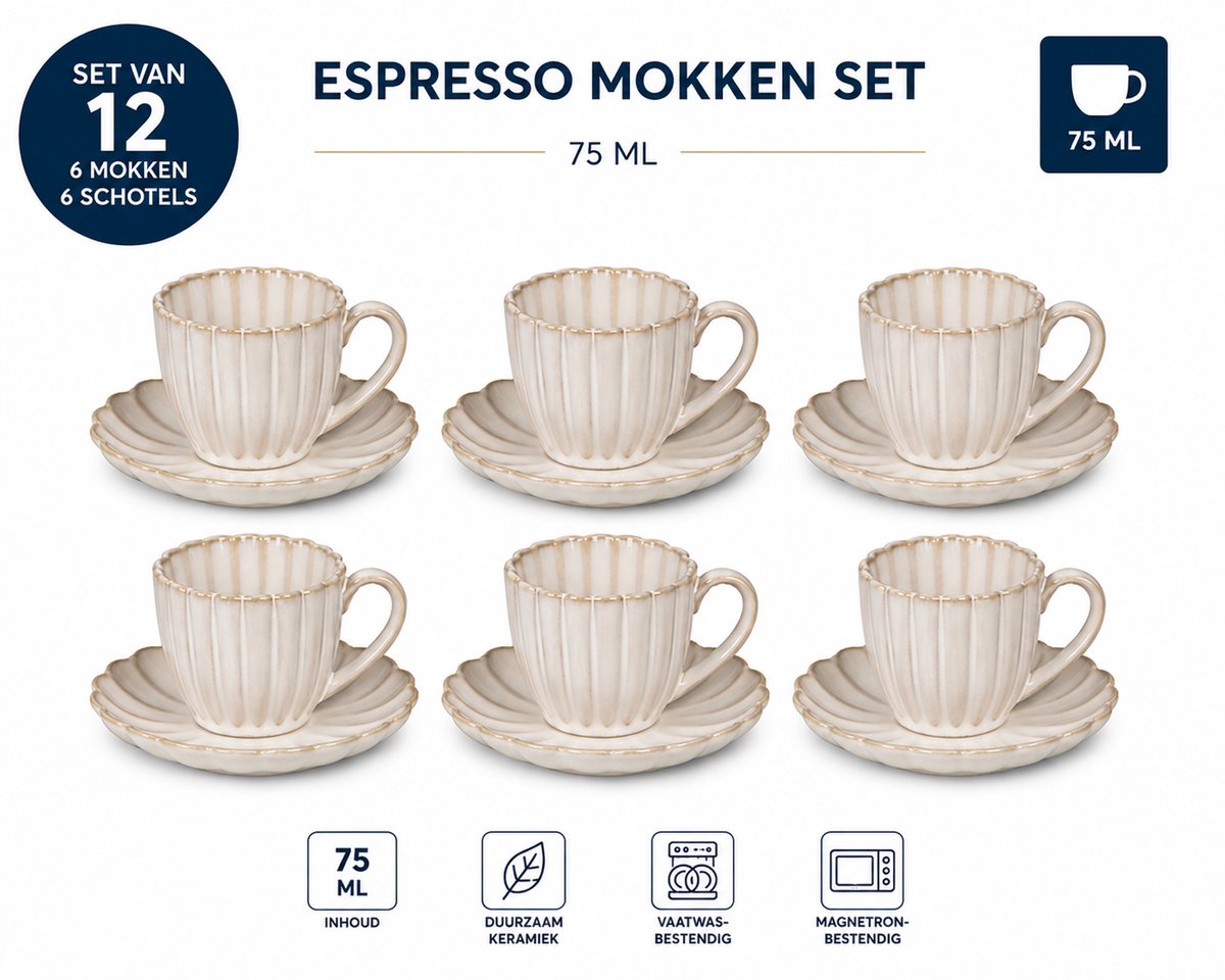 Schäfer vintage look espresso mokken Set met Schotels – Set van 6 Mokken & 6 Schotels – 75 ml – Keramiek – Crème Beige