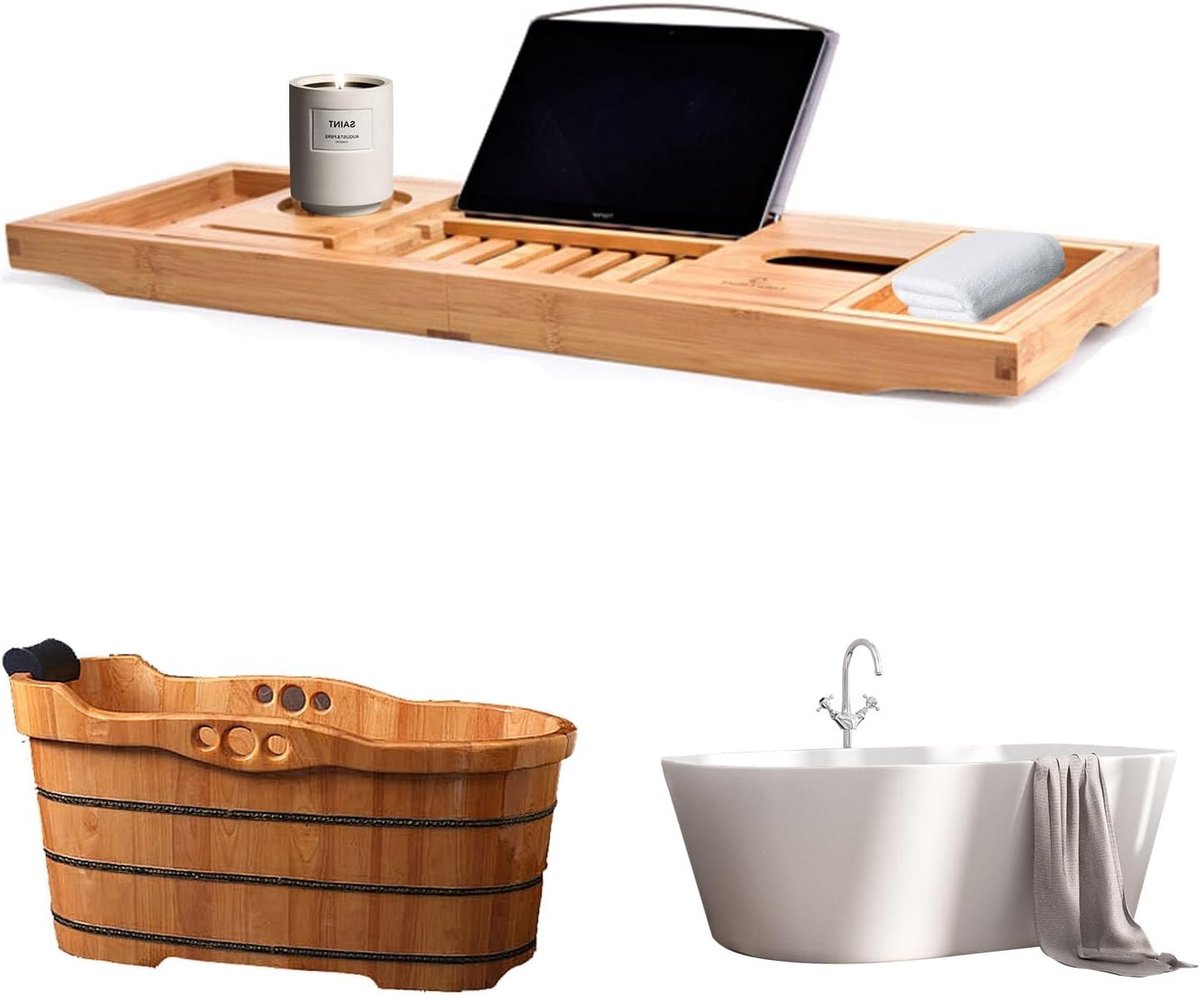 Verstelbare Bad Caddy met Tablet- en Wijnglashouder van Natuurlijke Bamboe, Antislip Badplank voor de Badkuip, Perfecte Badkameraccessoires voor Nieuwe Huizen en Moederdag