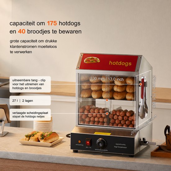 Sello! hotdog verwarmer – oven – stoomverwarming – 2 lagen – uitneembare opvangbak – aftapkraam – temperatuur tussen 30° / 85°C Serveer altijd perfect warme hotdogs en broodjes met de — afbeelding 3