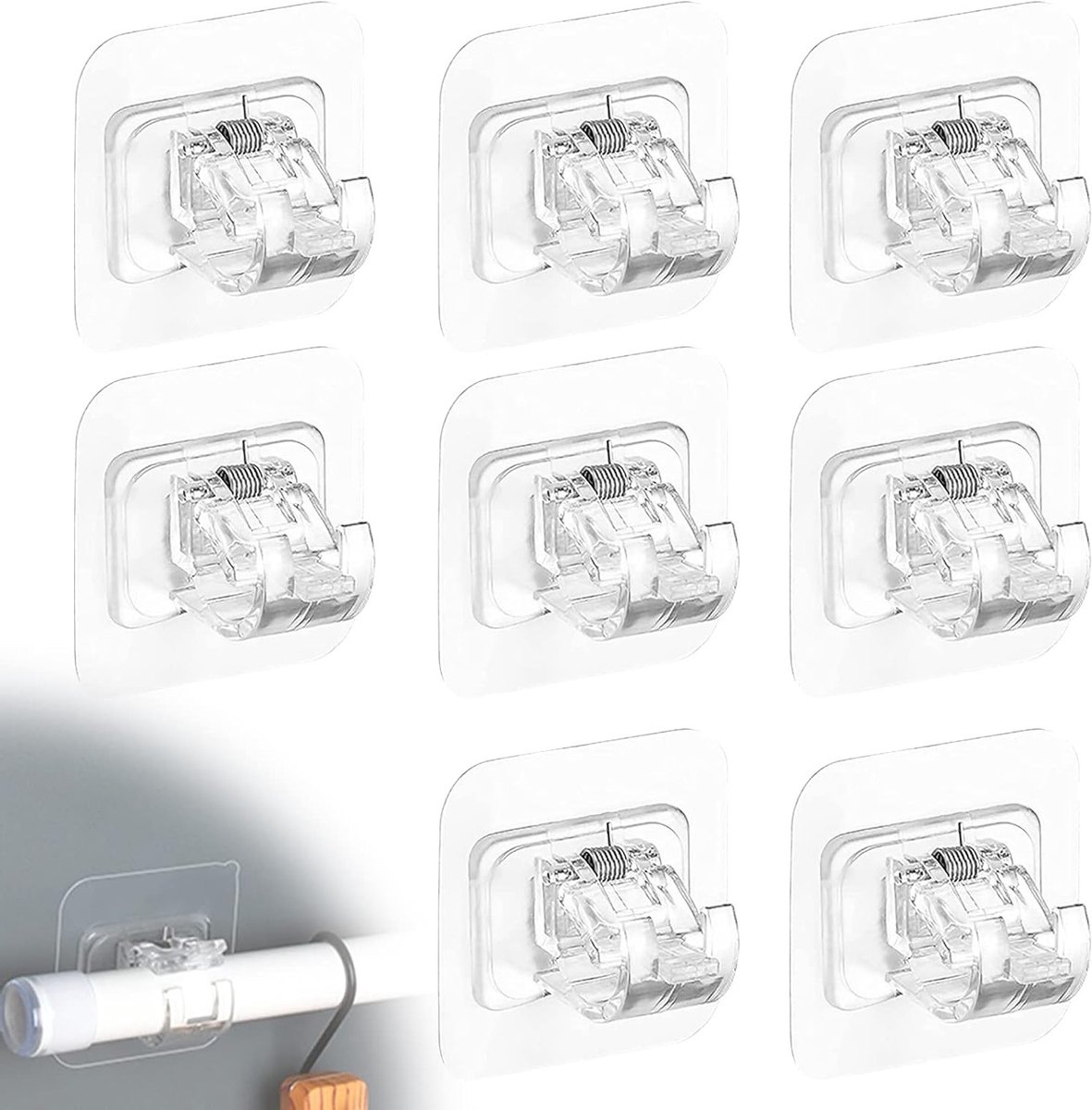 Allecto Plus - PVC gordijnhaken zonder boren - Set van 8 stuks - Zelfklevende houders voor gordijnroedes en handdoeken - Transparant - Raamdecoratie accessoires