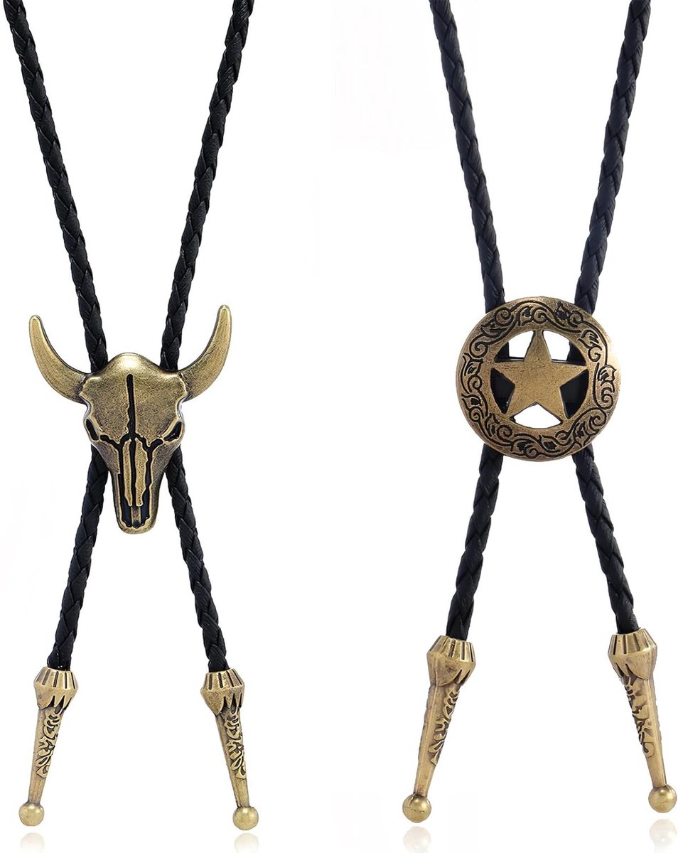Lederen Bolo Ties Set van 2, Verstelbare Cowboy Ties in Brons, Vintage Bolo Kettingen voor Cowboy Kostuums en Accessoires voor Mannen en Vrouwen