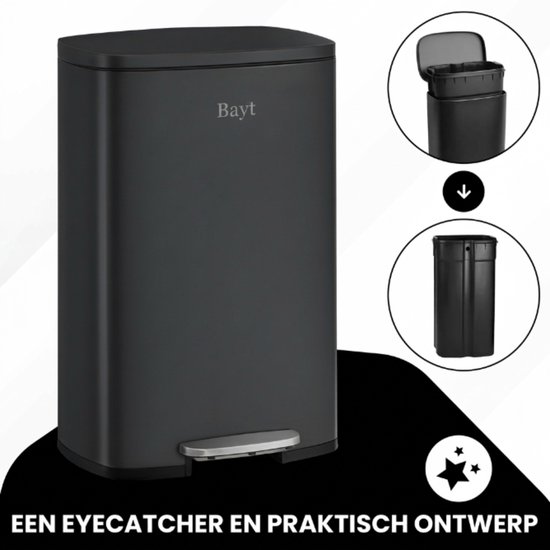 Poubelle à pédale Bayt noire, 30 litres, avec vue détaillée du compartiment intérieur.