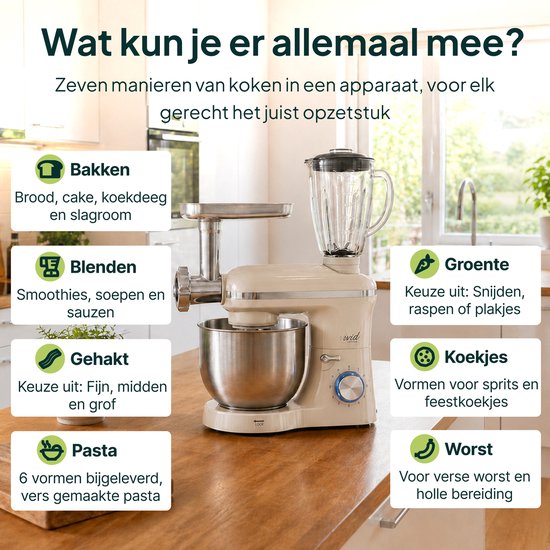Crème keukenmixer met blender en vleesmolen, met iconen voor bakken, blenden, gehakt, pasta, groente, koekjes en worst.