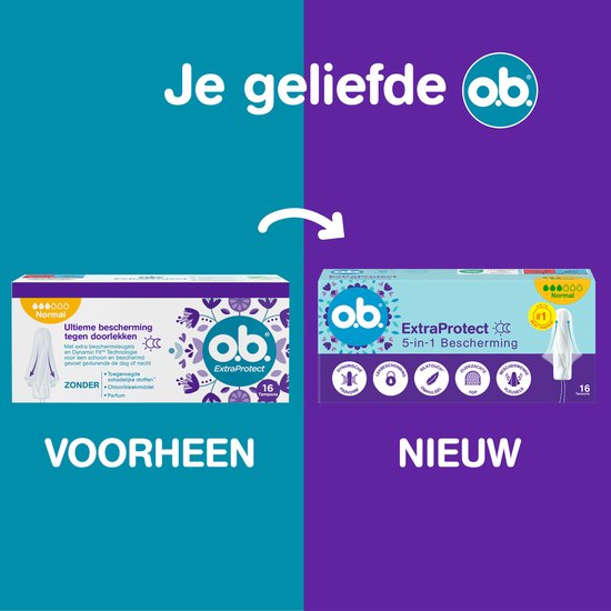 Vergelijking van oude o.b. tampons (links) en nieuwe o.b. ExtraProtect tampons (rechts).