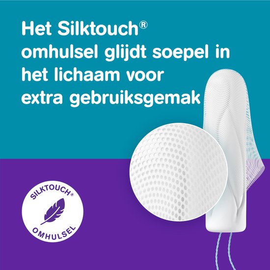 Close-up van o.b. tampon met Silk touch omhulsel. Tekst: 'Het Silk touch omhulsel glijdt soepel in het lichaam voor extra gebruiksgemak.'
