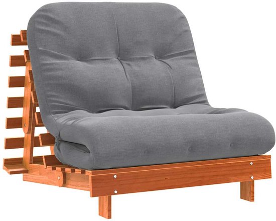 Grijze futon op een houten frame, van voren gezien.