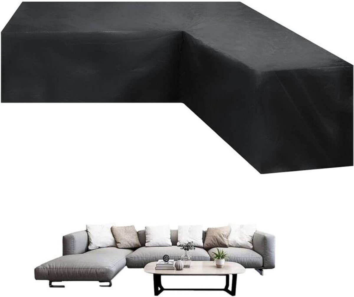 Waterdichte hoes voor een hoekbank in de tuin, gemaakt van Oxford-stof. Deze V-vormige, waterdichte hoes is winddicht en UV-bestendig en geschikt voor tuinmeubelen. Afgeschikt vooringen: 300x300x98 cm.
