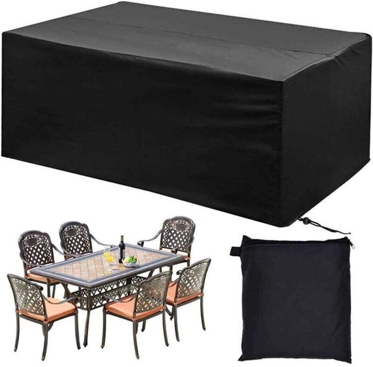 Tuinmeubel- en tafelkleedhoes van waterdicht, UV-bestendig polyester zeildoek ter bescherming van tafels, stoelen en banken (200 x 160 x 70 cm).