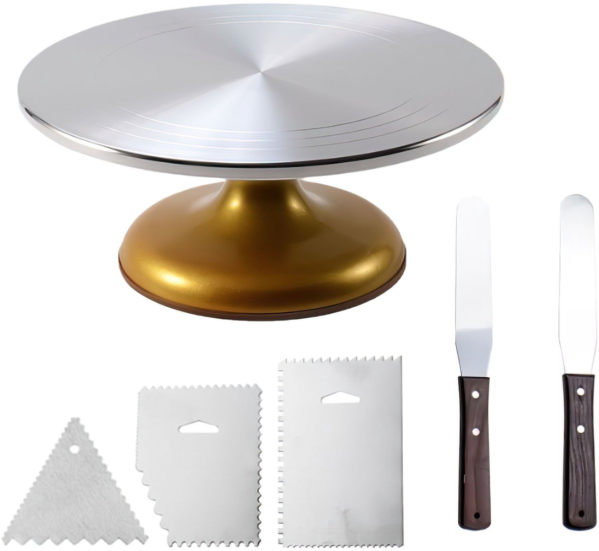 Taart Draaiplateau 12 Inch Aluminium – 6-delige Taartdecoratieset met RVS Spatels – Gouden Cake Draaitafel voor Taarten Bakken & Decoreren