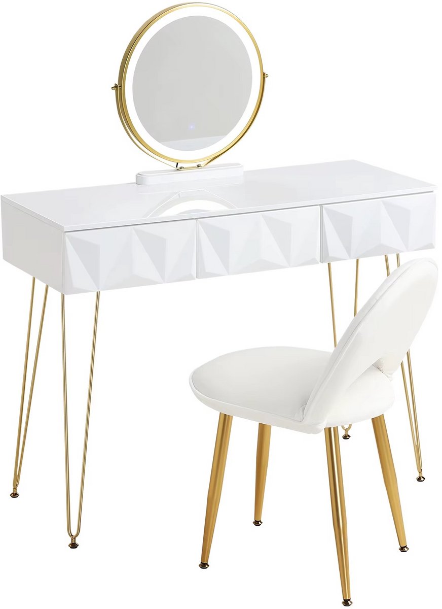 Whoopr® Kaptafel met Spiegel en LED Verlichting – Make-up Tafel met 360° Draaibare Spiegel en Luxe Fluwelen Stoel - 100x40 cm Wit