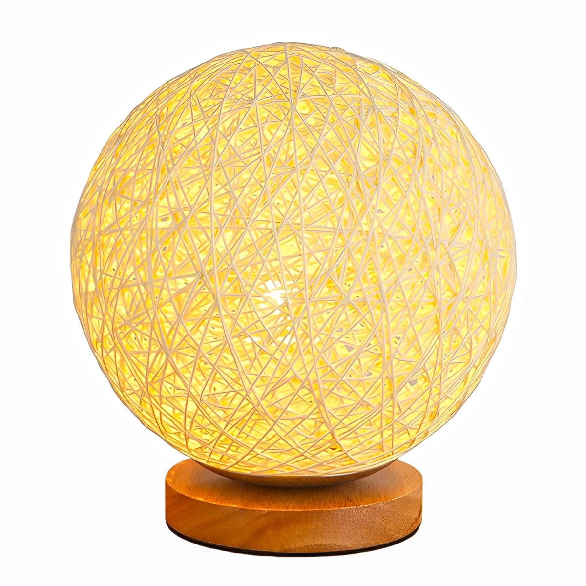 aladdien - Nachtlamp - Rieten Bal - Warm Geel Licht - Verstelbare Helderheid - USB Oplaadbaar - Slaapkamer - Houten Stand