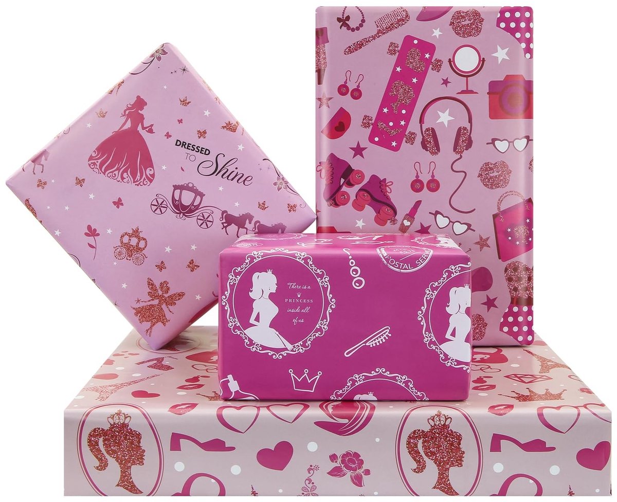 aladdien - Roze Prinses Cadeaupapier - Verjaardag Inpakpapier - 4 Ontwerpen Plat Gevouwen - Geschikt voor Meisjes - Leuk en Speels