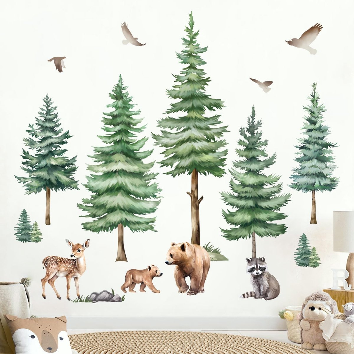 aladdien - Grote Pijn Boom Dier Muurstickers - Wanddecoratie - Kinderkamer - Bosdieren - Hoogwaardige PVC - Veilig en eenvoudig aan te brengen
