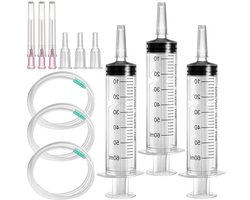 Set van 3 Herbruikbare Steriele Spuiten 60 ml met Slang en Stompe Naald voor Doseringsdoeleinden, Laboratoriumgebruik en Plantirrigatie, Individueel Verpakt