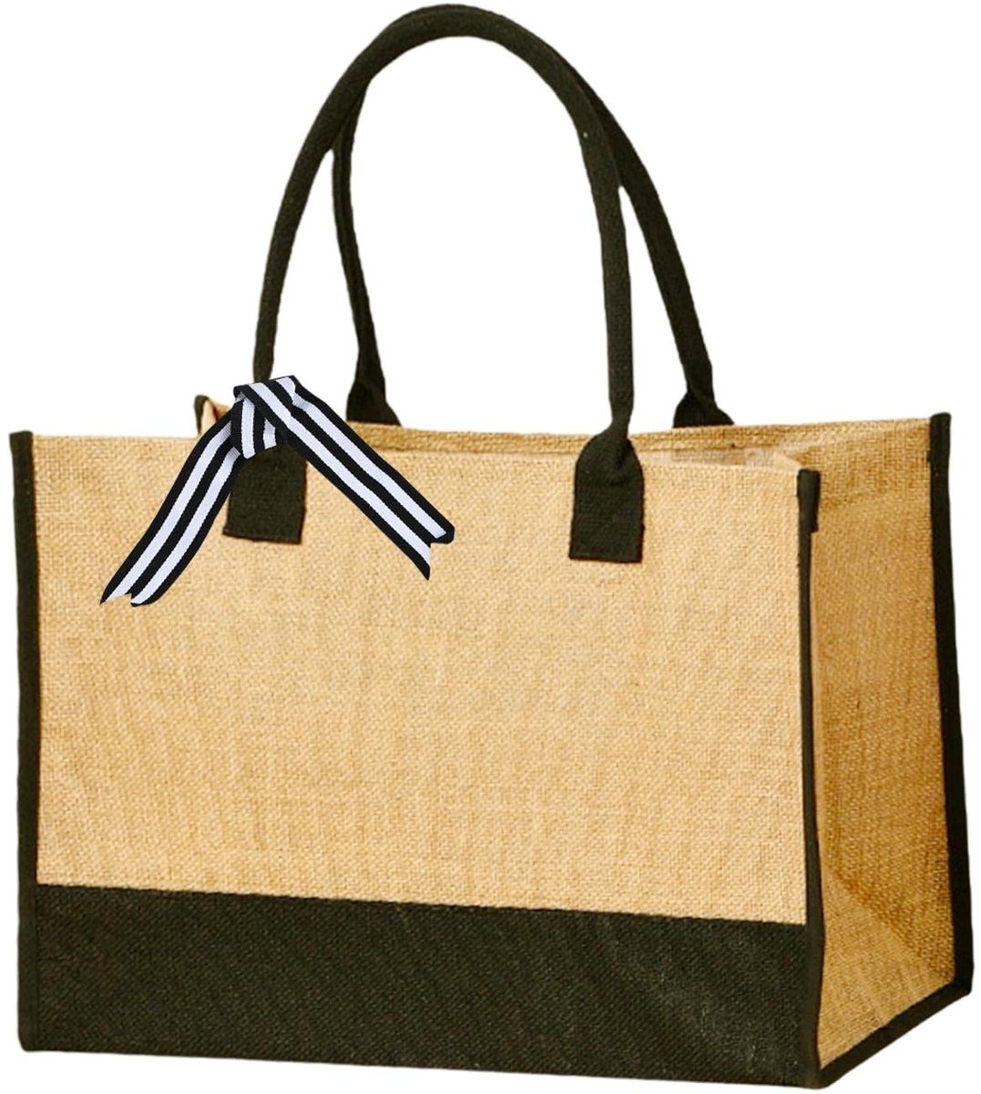 aladdien - Jute canvas draagtas - Grote capaciteit schoudertas - Beige en zwart - Herbruikbare boodschappentas - Geschikt voor vrouwen