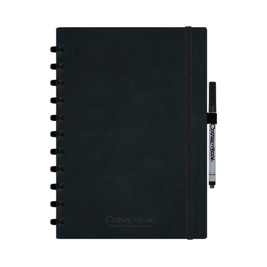 Zwart Correctbook A4 notitieboek met penhouder en elastische sluiting, liggend.