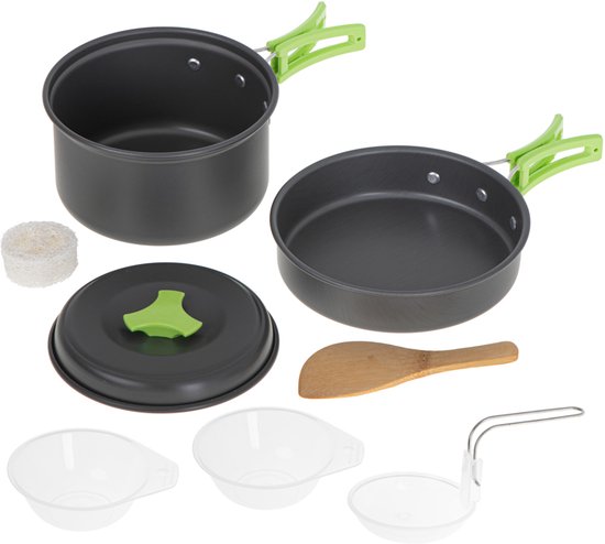 Camping Pannenset - 9-Delige Aluminium Kookset XL - Pot 15 cm en Koekenpan 16 cm - Compacte Mess Kit met Kommen en Opbergzak van Camping — afbeelding 5