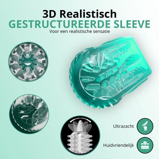 Groene, getextureerde masturbator sleeve. Tekst: 3D Realistisch GESTRUCTUREERDE SLEEVE. Voor een realistische sensatie. Ultrazacht. Huidvriendelijk.