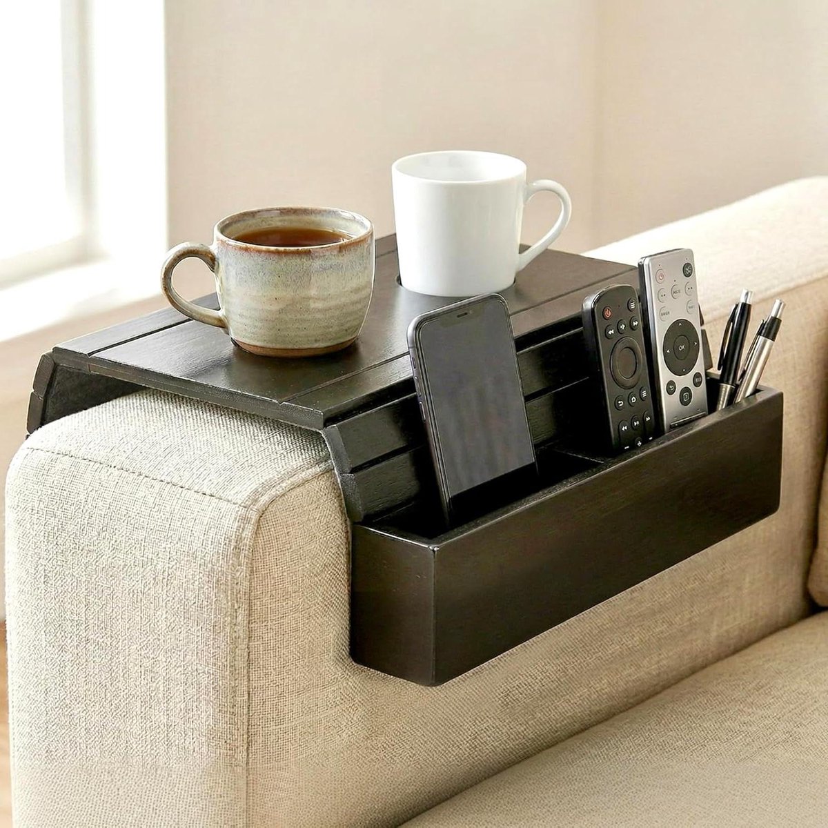 Bank dienblad - Armleuning tafel - Ontspannen zitten - Met bekerhouder - 43 x 32 cm - Zwart