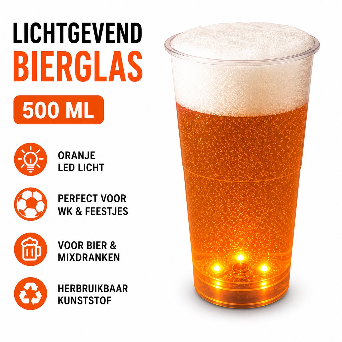 Lichtgevend Bierglas 500ml – 5 stuks – Oranje LED – WK / EK Voetbal – Kunststof Drinkbeker – Party Glas
