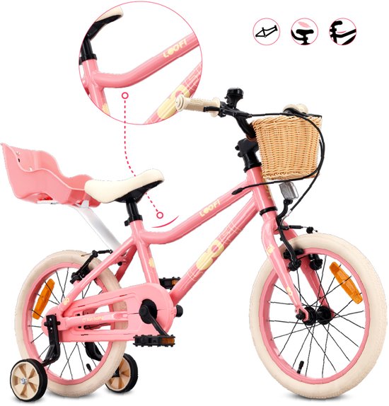 Sun Baby Kinderfiets 16 Inch LOOFI, Fiets voor Meisje 4-6 Jaar, Max 50 kg - licht aluminium frame, met poppenstoeltje, zijwieltjes, mandje, bel, stickers - Roze van Sun Baby — afbeelding 5