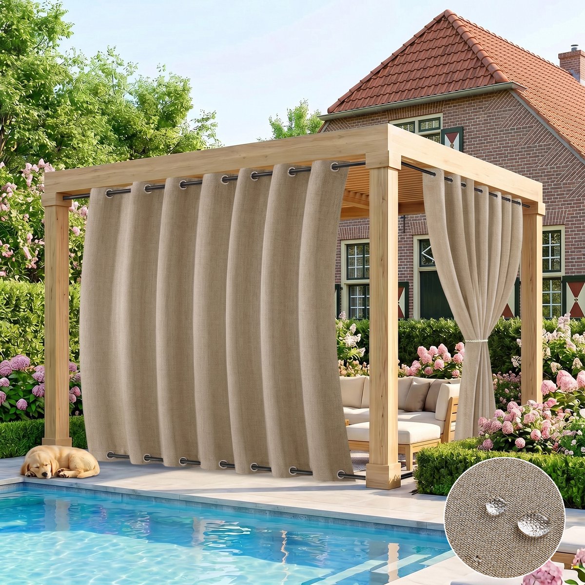 Qelus Buitengordijnen Waterdicht en Winddicht - 254x244 cm - Buitengordijn met Ringen Boven en Onder - Verduisterend Outdoorgordijn voor Overkapping - Zwaar Faux Linnen - Taupe - 1 Stuk