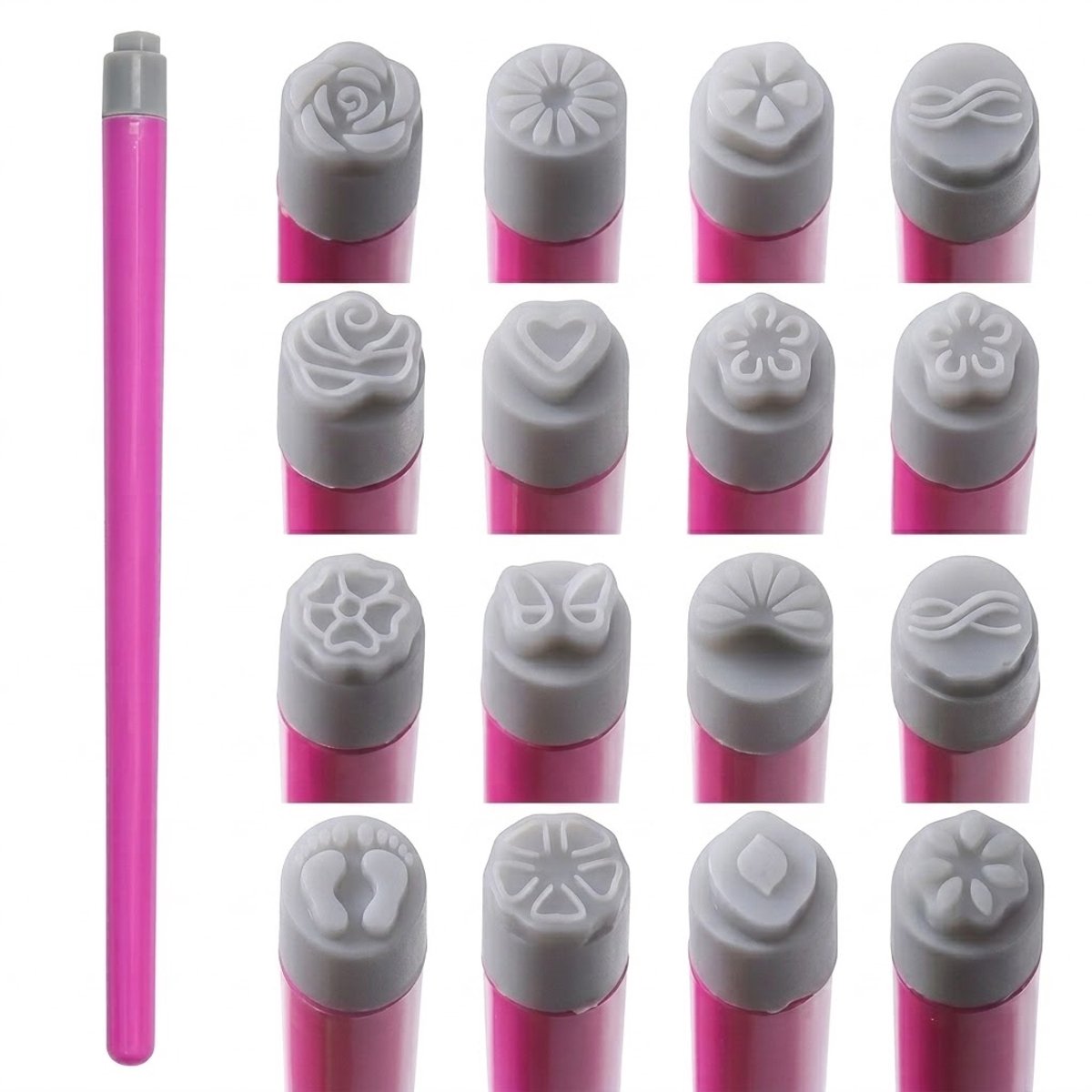 Roze kunststof stempels pen met 15 verwisselbare stempel tips – stempels voor dames en heren – nagel art en hobby stempel set met verschillende patronen