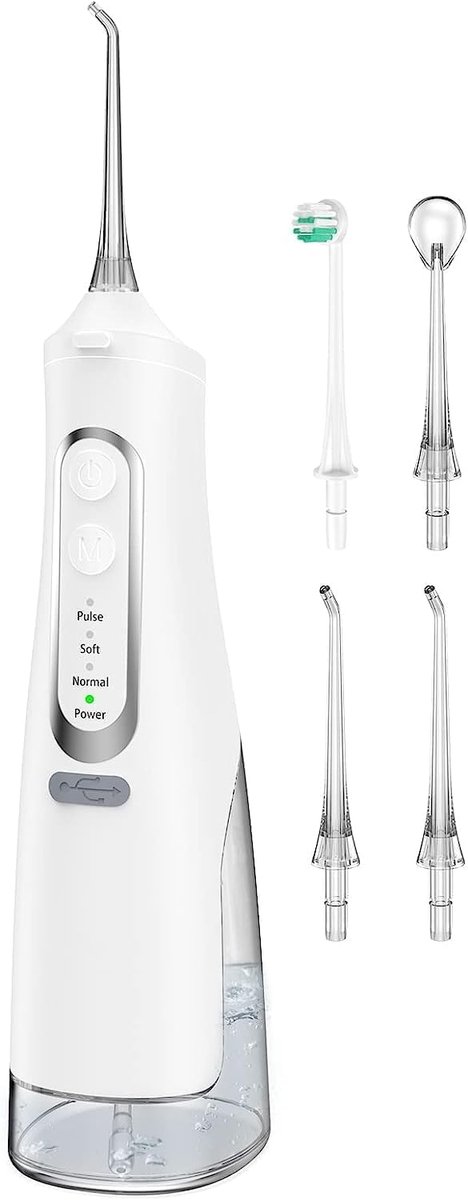 Draagbare waterflosser, oplaadbare draadloze tandflosser met 4 modi 310 ml capaciteit IPX7 waterdicht 60 dagen batterijduur geschikt voor thuis en op reis (wit)