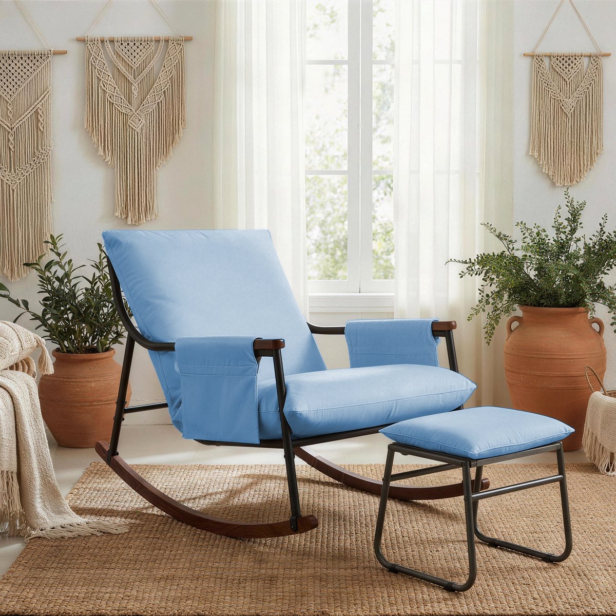 Schommelstoel – Enkele Houten Armstoel – Blauw Tech Fabric – Comfortabele Schommelstoel voor Woonkamer, Balkon of Slaapkamer – Ergonomische Schommelstoel met Stevig Frame – Eenvoudige Montage