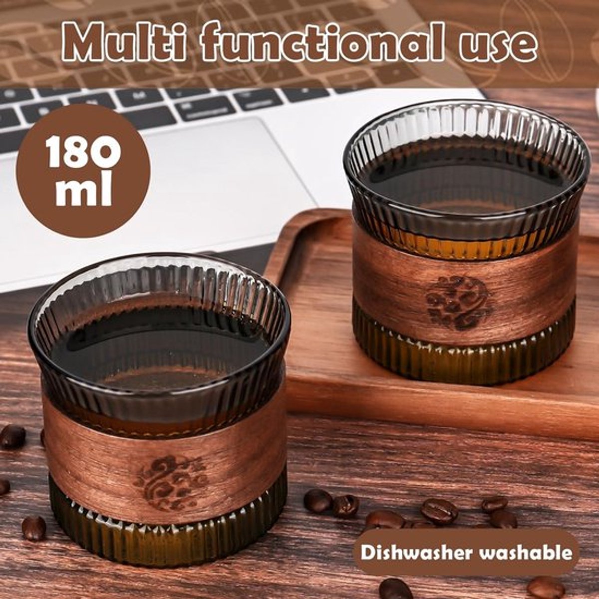 Set van 2 Espressokopjes - 170 ml - Walnoothout - Thee - Mokka - Latte macchiato