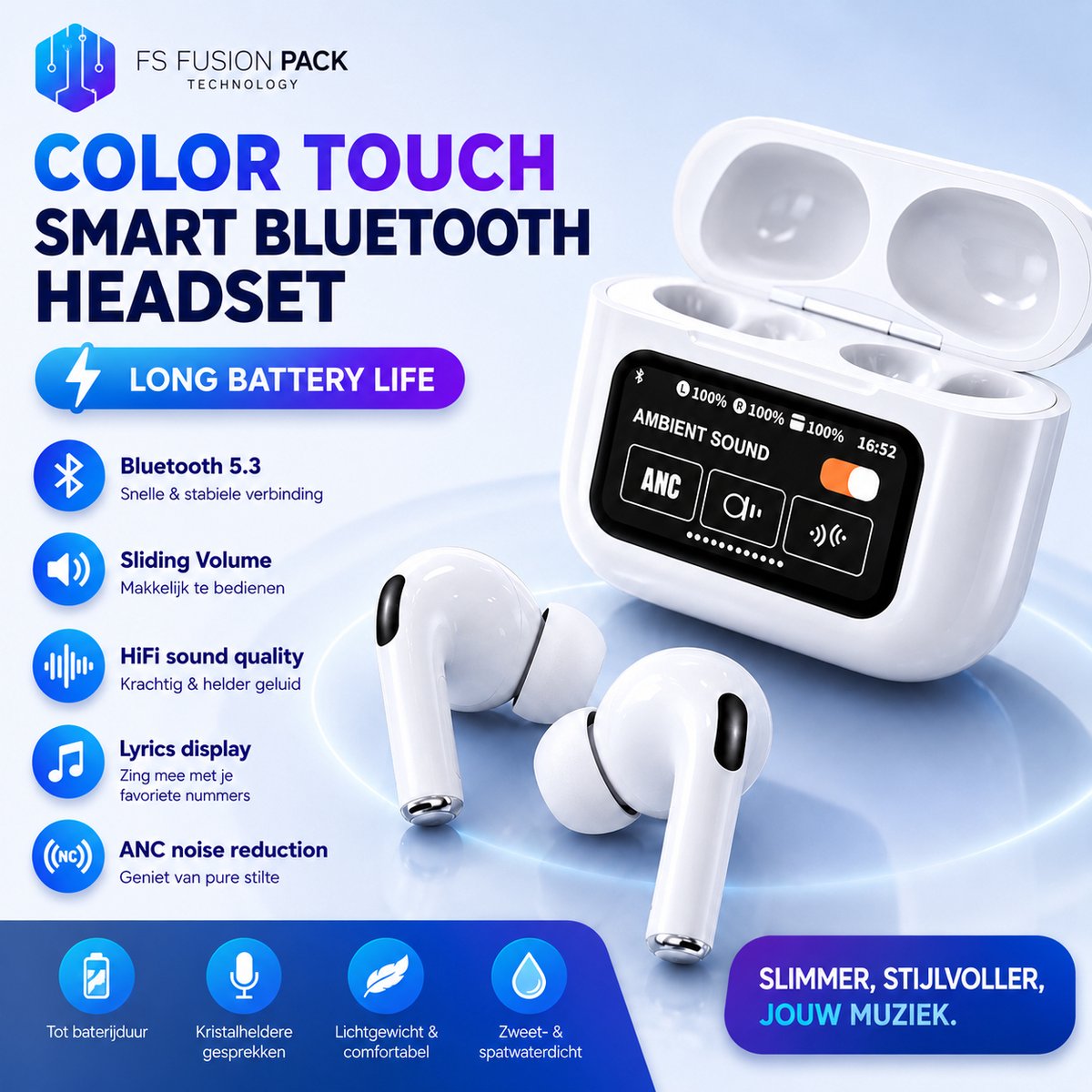 Draadloze Bluetooth 5.4 Oordopjes ANC + ENC – Noise Cancelling Earbuds met LED Display – Gaming Mode Lage Latency – In-Ear Bluetooth Oortjes met Touch Control & Oplaadcase –DBluetooth 5.4 Oordopjes ANC +ENC – Noise Cancelling Earbuds met LED Display