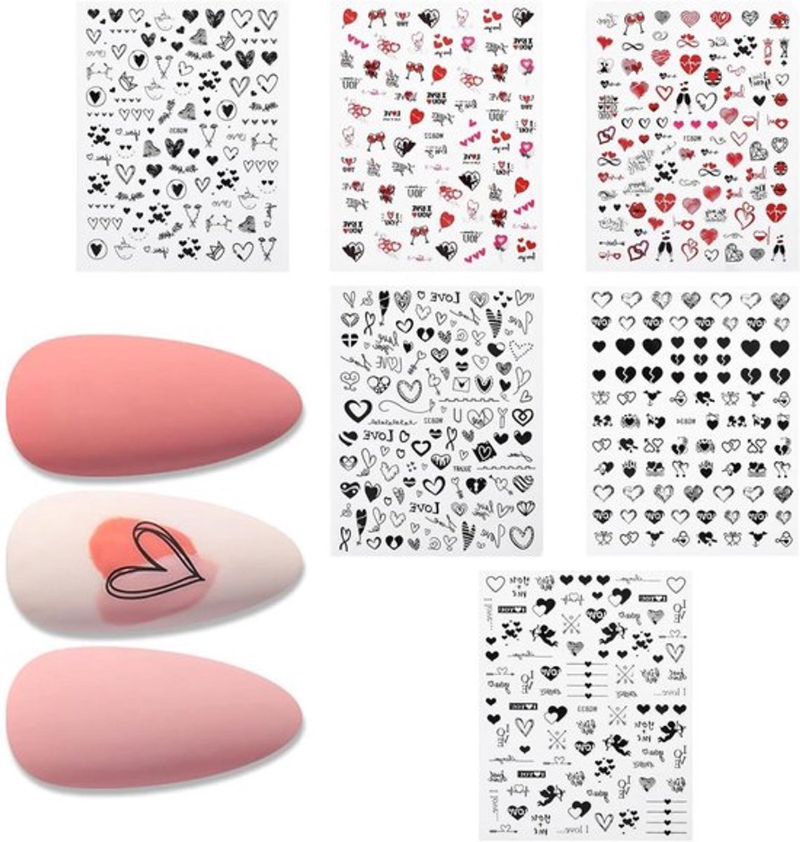 Nagelstickers in hartvorm, zelfklevend, rood en zwart, Valentijnsdag nail art accessoires