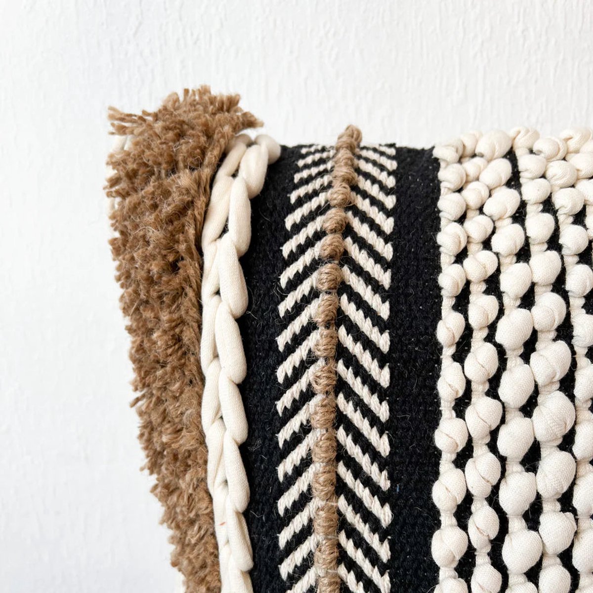 TFP Embellished Boho Cushion Cover - Sierkussenhoes | Tara - 50 x 50 cm - 100% Organic Cotton (GOTS Certified), Jute - Handmade in India - Brown, natural white, Black