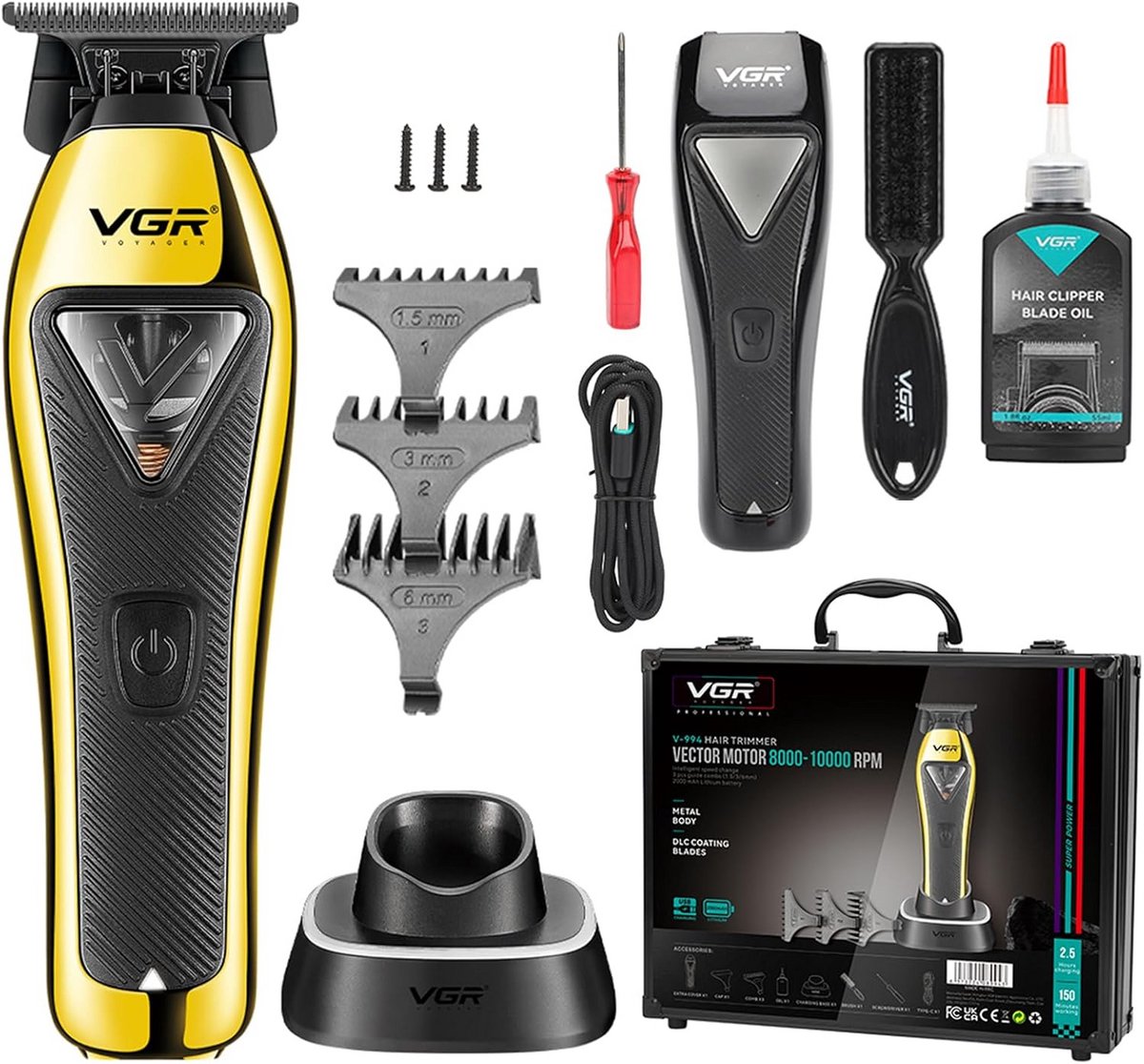 Haartrimmer Set - Baard trimmer - Professioneel Knippen - Krachtige Vector Motor - 15 cm - Zwart Goud
