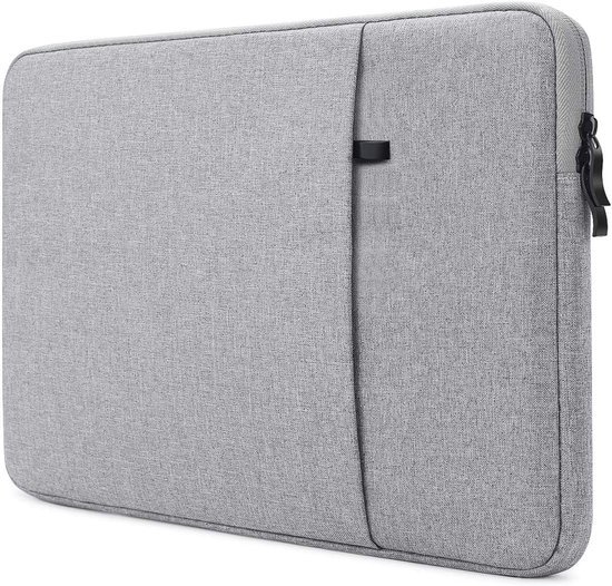 Housse grise pour ordinateur portable avec une poche zippée supplémentaire sur le côté.