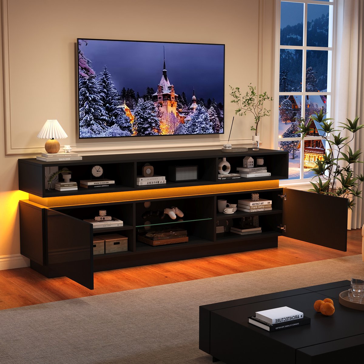 160x35x60 cm woonkamer tv-meubel - hoogglans lage tafel - woonkamerkast met LED-verlichting - zwart