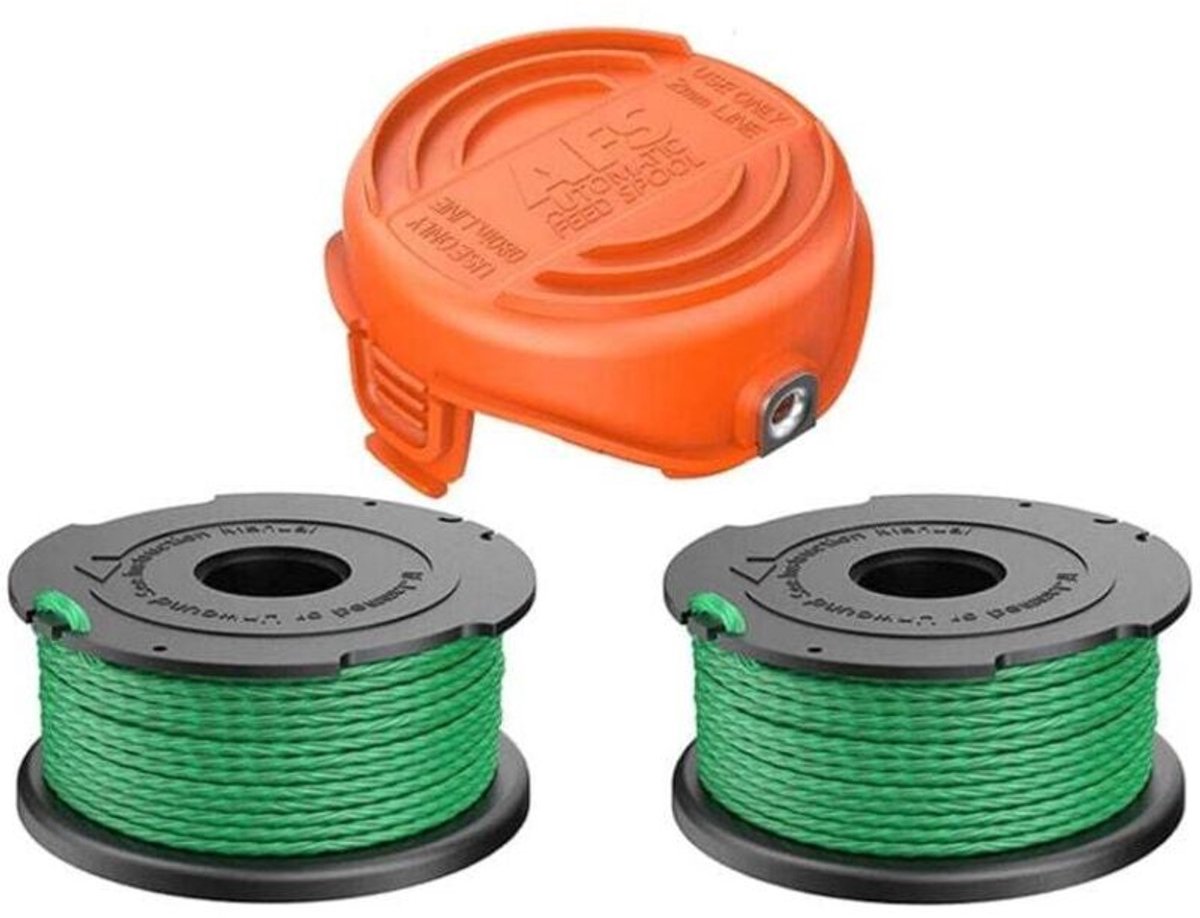 De A6486 vervangende maaispoel geschikt voor Black & Decker grasmaaiers, compatibel geschikt geschikt voor 90583594, bevat twee vervangende maaispoelen en een maaierhoes.
