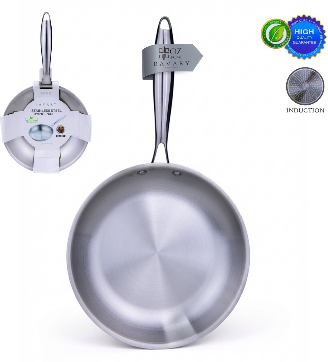OZ Home Bavary RVS Koekenpan 22 cm - Inductie - 18/10 inox - Zonder Coating - PFAS-vrij - Alle Warmtebronnen