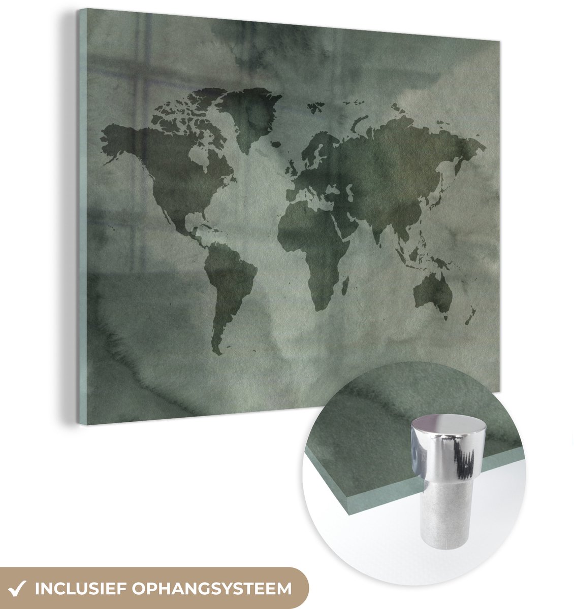 ® Glasschilderij 120x90 cm - Schilderij acrylglas - Wereldkaart - Grijs - Waterverf - Foto op glas - Muurdecoratie woonkamer - Wanddecoratie slaapkamer - Schilderijen
