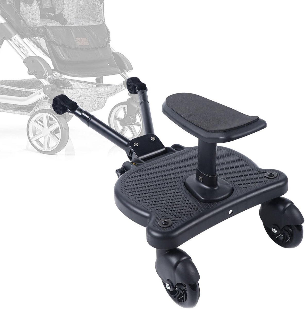 Meerijdplankje met zitting - Kinderplankje Pram - Comfortabel reizen - Universele montage - 25 kg capaciteit - Zwart