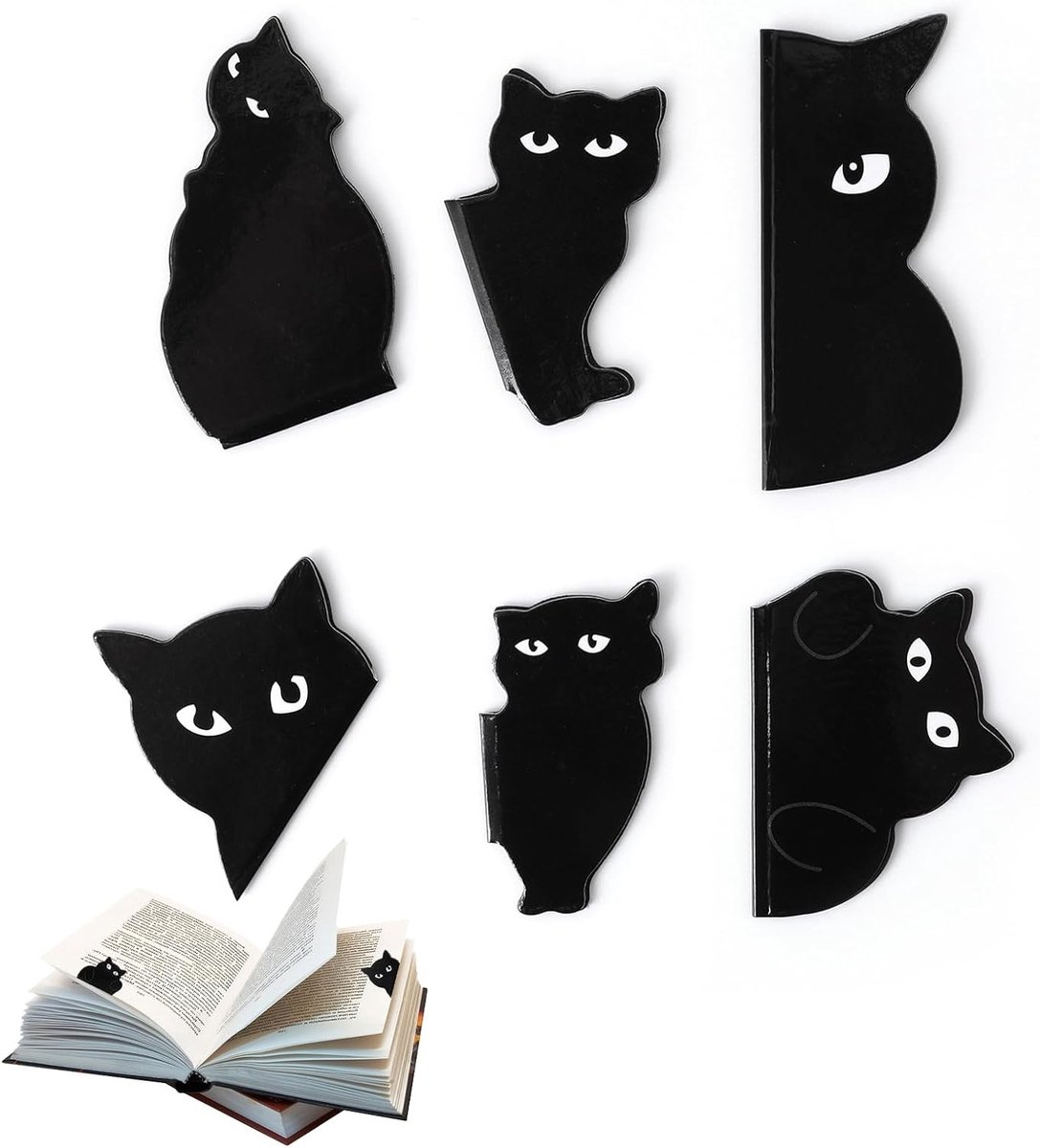 Set van 6 Magnetische Boekenleggers met Zwarte Kat, Schattige en Praktische Lezersaccessoires voor Studenten en Cadeaus