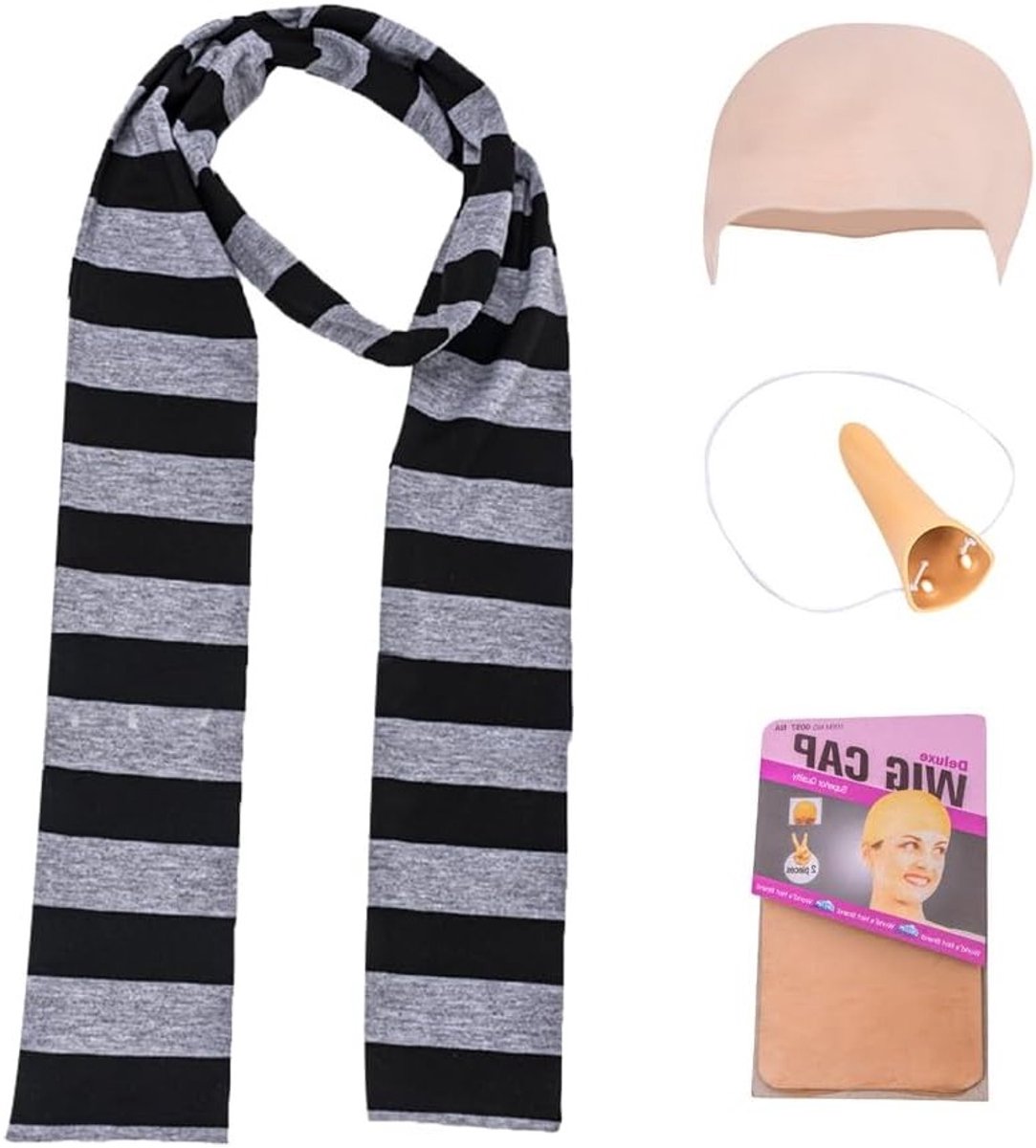 Set van 4 Cartoon Cosplay Kostuum Accessoires, Kale Hoofd, Gestreepte Sjaal en Lange Neus voor Volwassenen voor Carnaval en Cosplay, Perfect voor Feestjes en Theatrale Optredens