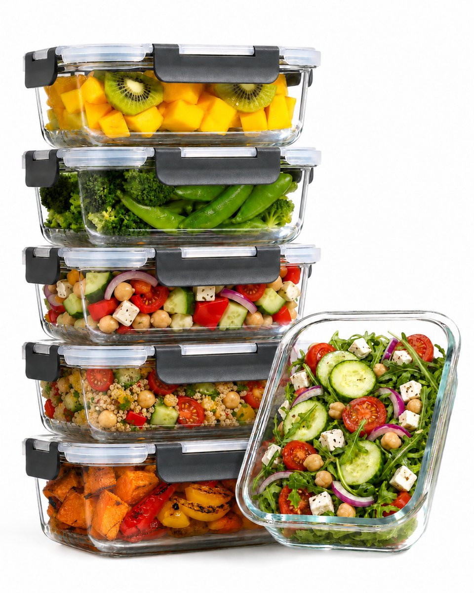 Five Stars® Glazen Vershoudbakjes - 6 Stuks - Meal Prep Bakjes - Luchtdichte Diepvriesbakjes - Met Deksel - 1040 ml