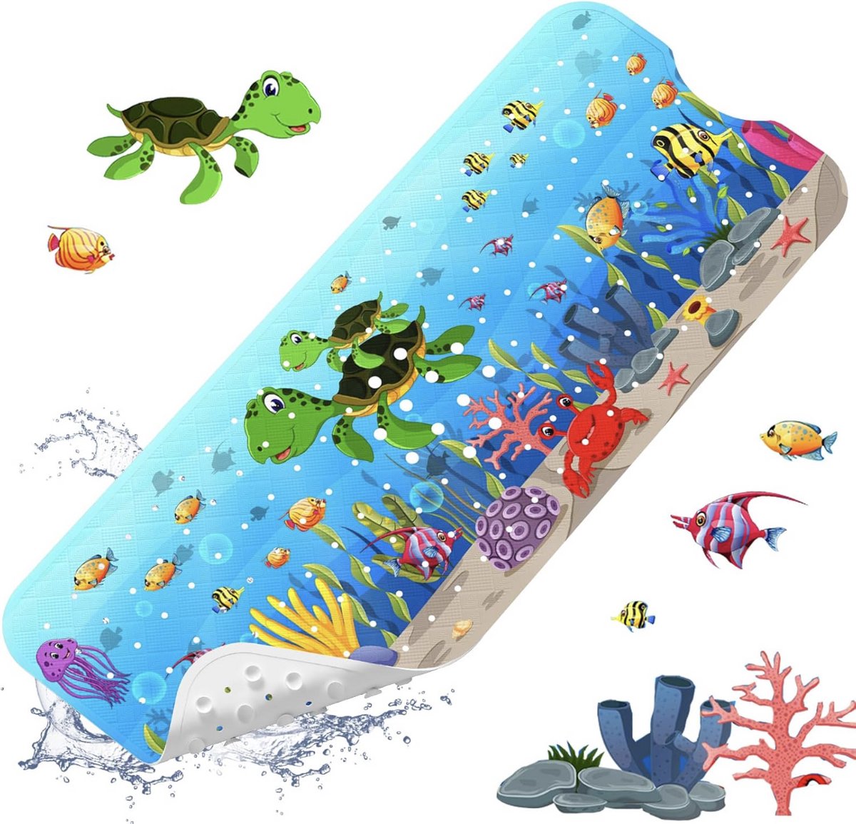 Antislip Badmat voor Kinderen - Rubber & PVC-vrij - Blauw/Multicolor - 100 x 40 cm - Antislip badmat, Kinderen, Veiligheid badkamer, Kleurrijk, Mas...