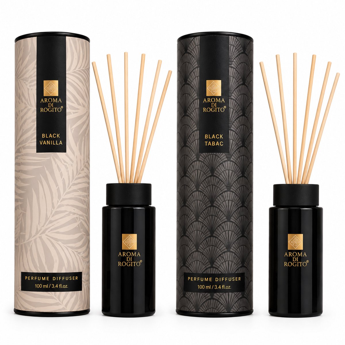 EasyMart Geurstokjes Set – Black Vanilla & Black Tabac – Premium Huisparfum – Geurverspreider met 12 Rotan Stokjes – Luxe Geurset voor Woonkamer, Badkamer & Interieur – 100ml x2