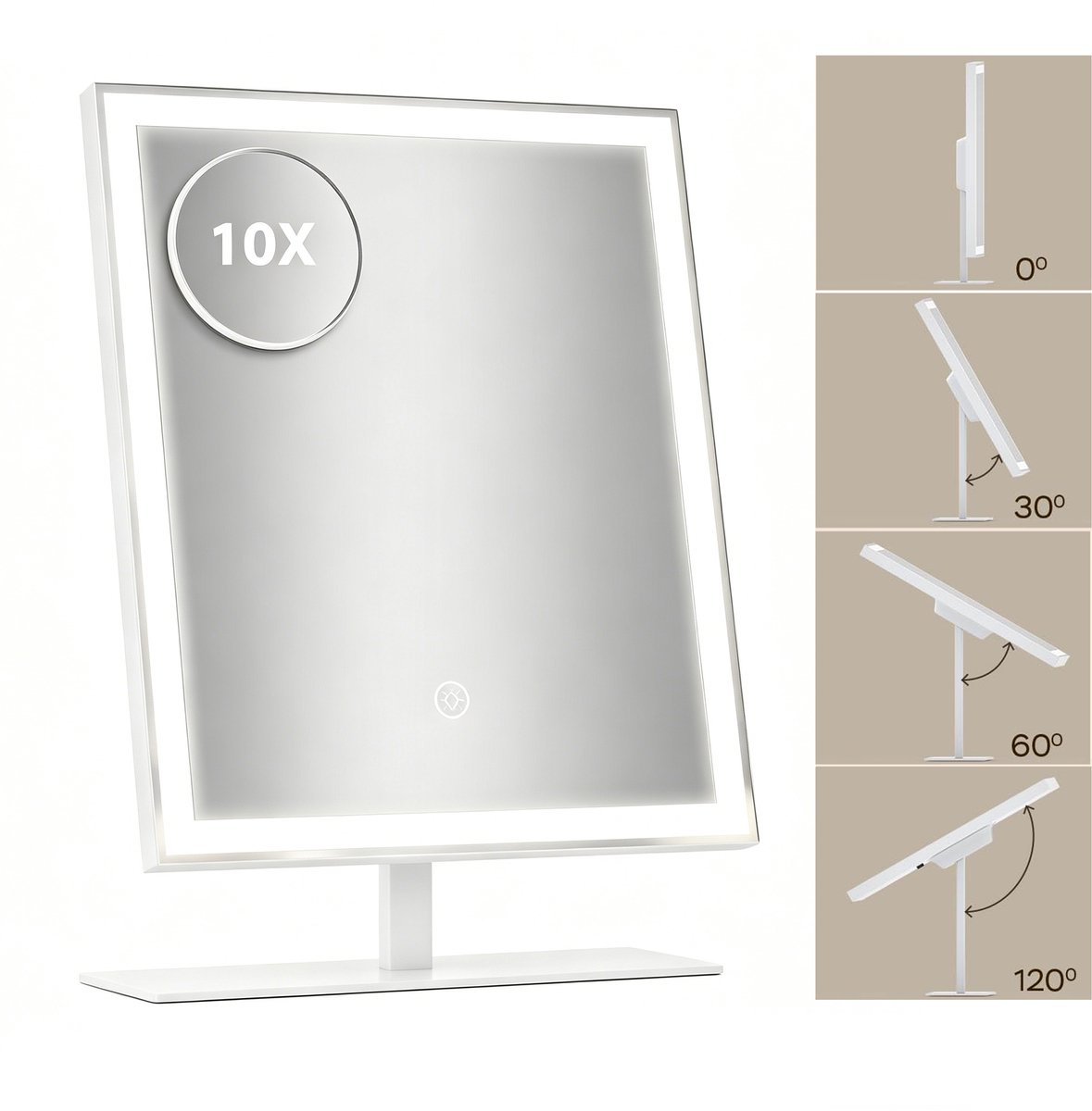 ANTENLICHT Make Up Spiegel met LED Verlichting - 10x Vergroting Licht – Scheerspiegel Klein Op Voet - 3 Lichtstanden - Oplaadbaar - Badkamerspiegel - 34x25CM - Wit