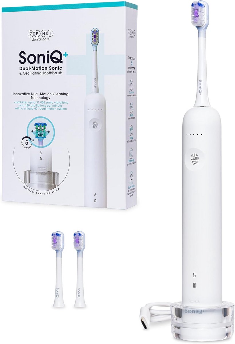 SoniQ+ Sonische Tandenborstel 31.000 Trillingen 60° Oscillatie 5 Modi IPX7 Waterdicht Draadloos Oplaadbaar Wit